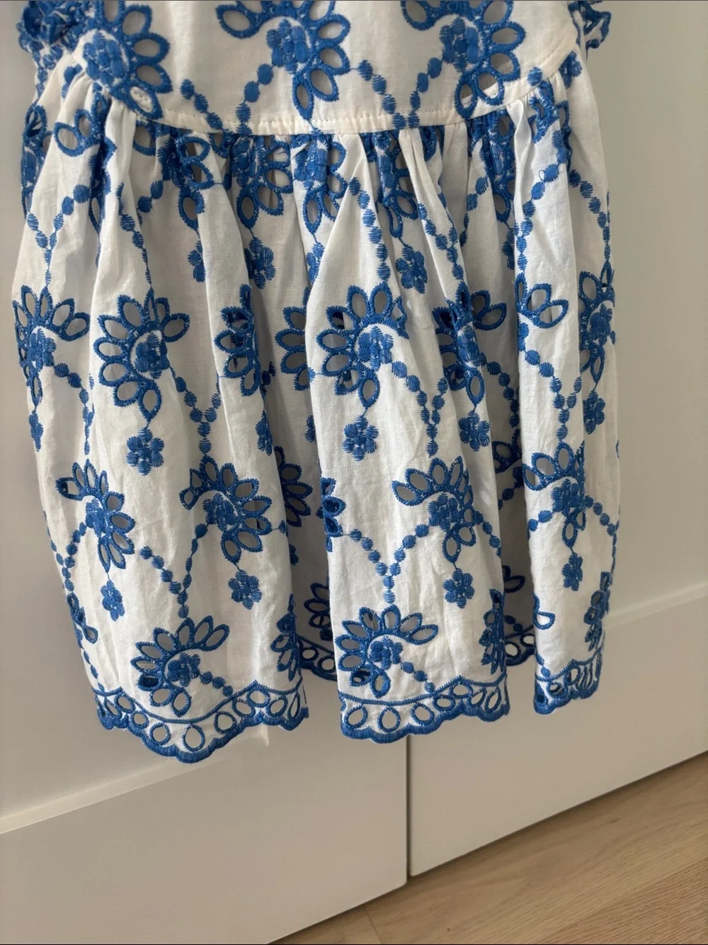 Pink Chicken White Dress with Blue Floral Embroidery
